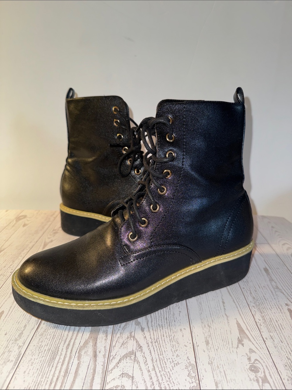 Olivia Miller Black Lace-Up Platform Wedge Combat Boots Size 9